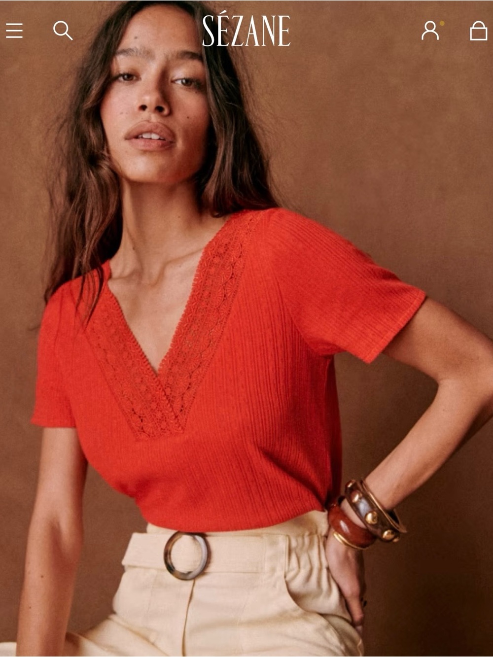 Sezane France Cassiopée Organic Cotton Coral Orange V-neck T-shirt